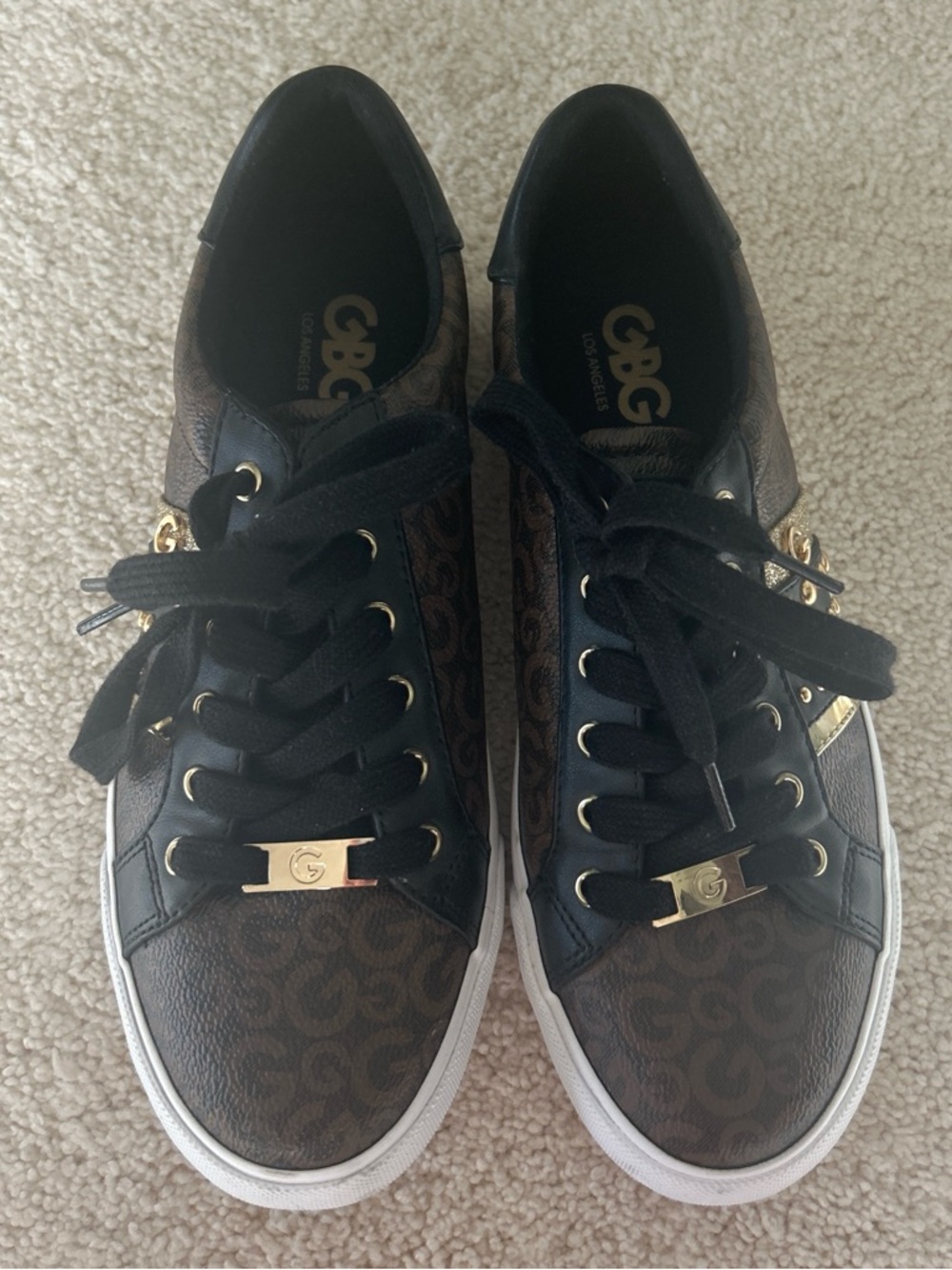 G by Guess Brown and Black Logo Lace-Up Sneakers with Gold Accents